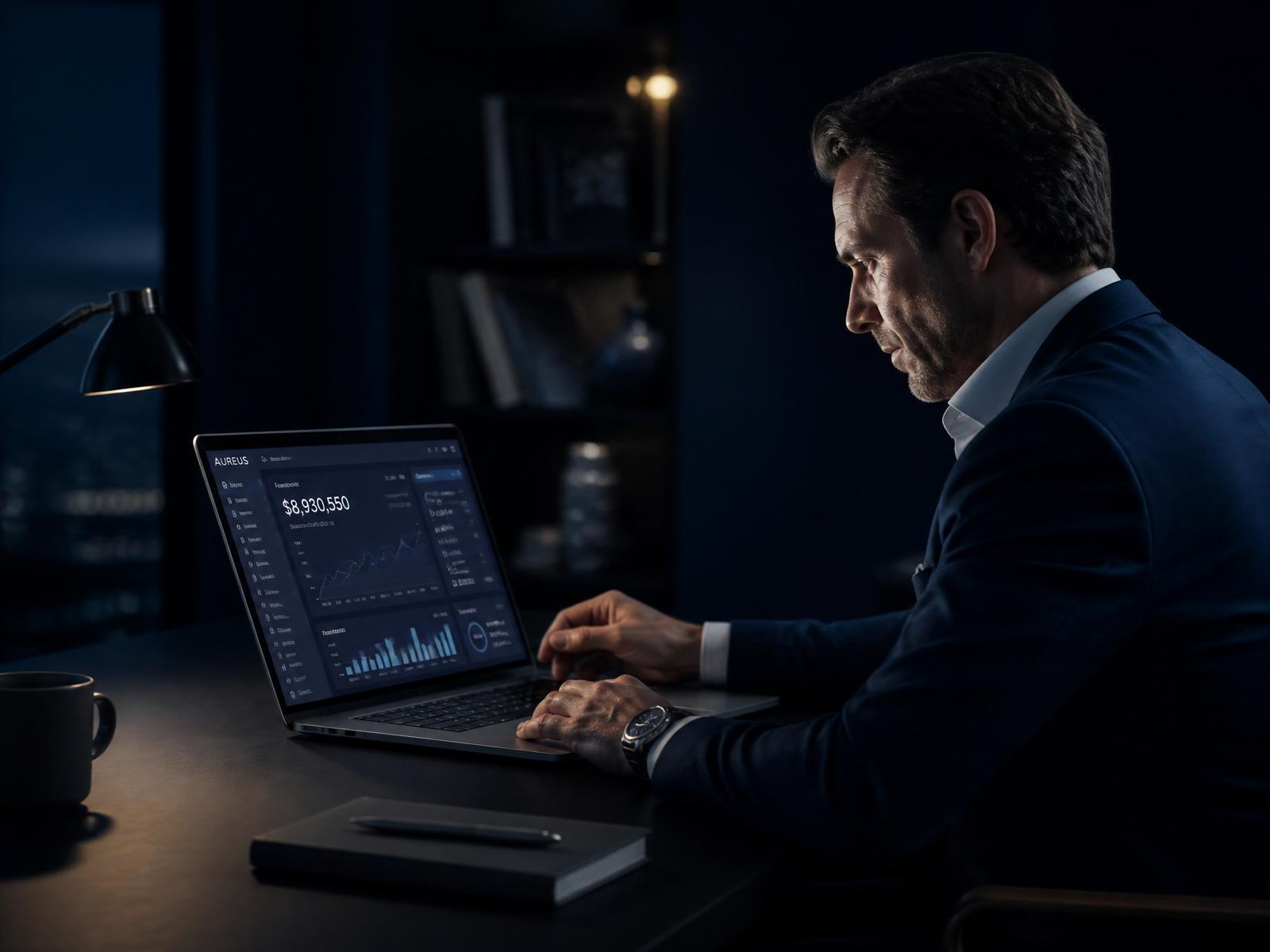Executivo trabalhando com um dashboard elegante