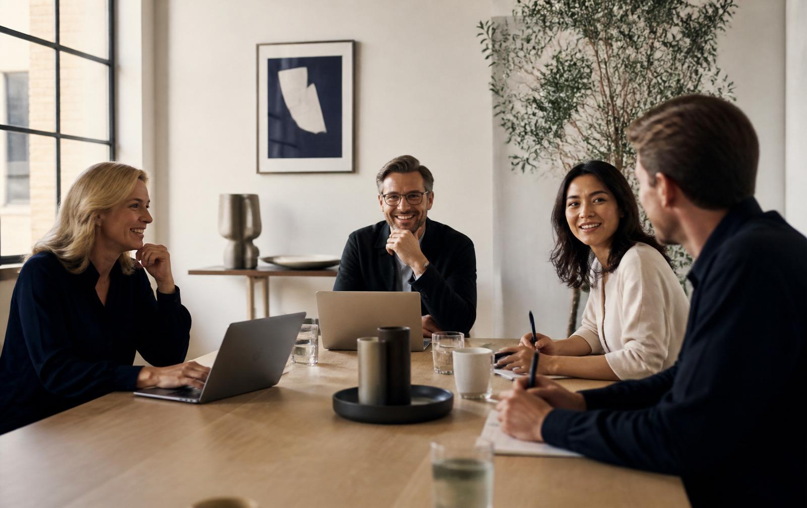Executivos reunidos em uma sala clara e minimalista