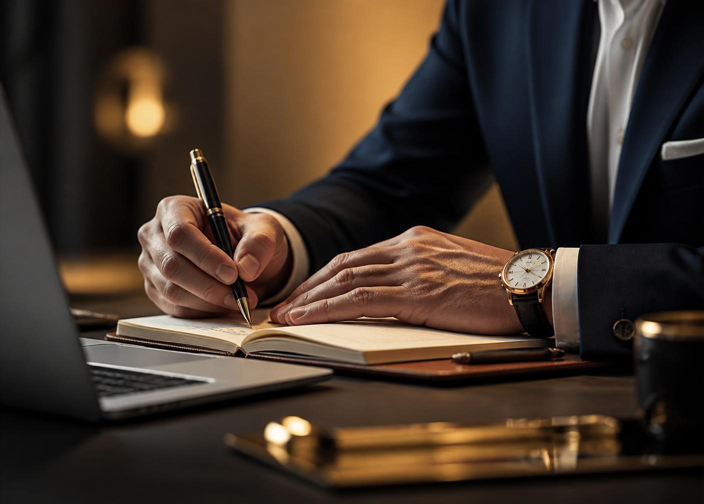 Executivo escrevendo em um caderno próximo a um laptop